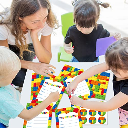 Building Blocks Birthday Party Invitations Boys Stacking Block Bricks Invitation Cards Set For 24 Guests, Building Block Invitations Supplies With Sticker Labels Envelopes Birthday Decorations #TOP5