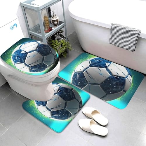 Dwrepo Cool Soccer Ball Print Bathroom Rug Set 3 Piece with Non-Slip U-Shaped Contour Mat and Toilet Lid Cover for Bathroom Decoration