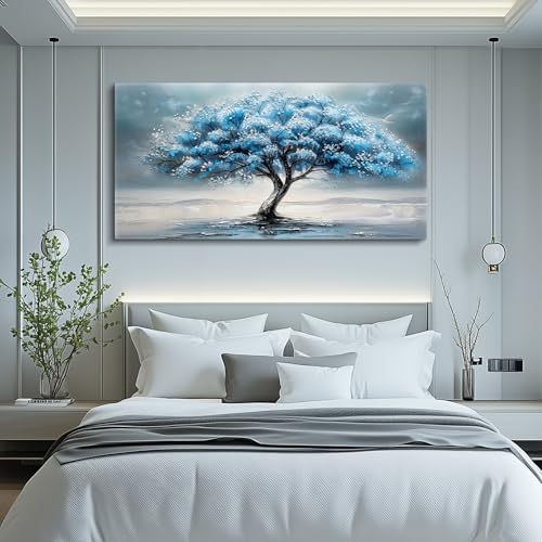 FUHAIHUA Farmhouse Wall Decor For Living Room Large Canvas Wall Art For Bedroom Office Decorations Blue Tree Paintings Abstract Wall Pictures Artworks Ready To Hang Home Decor Mural Art 24"X48"