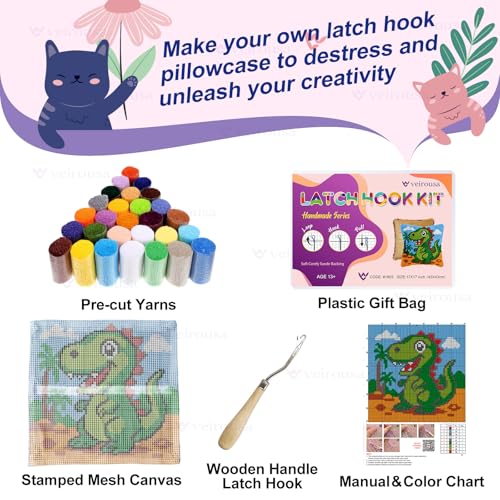 Image of veirousa Latch Hook Kits for Adults, DIY Cartoon Dinosaur Pillow & Rug Craft Kit for Beginners, Animal Handmade Yarn Art, Relaxing Home Sofa Decor Gift 17x17 Inch