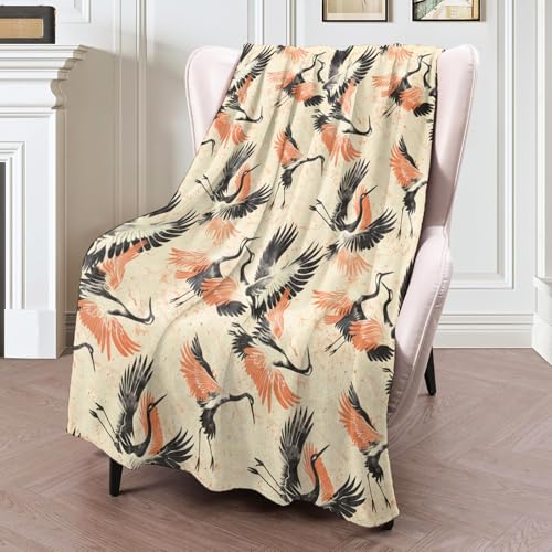 ICAAV Crane Blanket 50×60 Inch,Elegant Japanese Bird Lightweight Flannel Throw with Ink Style Flying Red Crowned Cranes, Oriental Minimalist Decor,Gifts for Women, Adults,Art Lovers