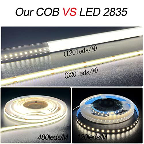 Image of HAMRVL COB LED Strip Lights Natural White 4000k, DC12V, 480leds /M 16.4ft, Super Bright CRI90 Flexible LED Tape 8mm for Indoor Home Cabinet, Bedroom, Kitchen, Backlight DIY Lighting (Without Adapter)