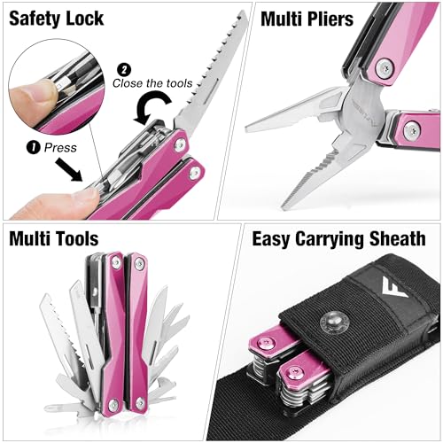 FLISSA-Multitool-16-in-1-Pink-Stainless-Steel-Multi-Tool-EDC-Multitool-with-Pocket-Knife-Screwdriver-Pliers-Safety-Locking-and-Sheath-Utility-Multi-Tool-for-Camping-Survival-Outdoor-Activities