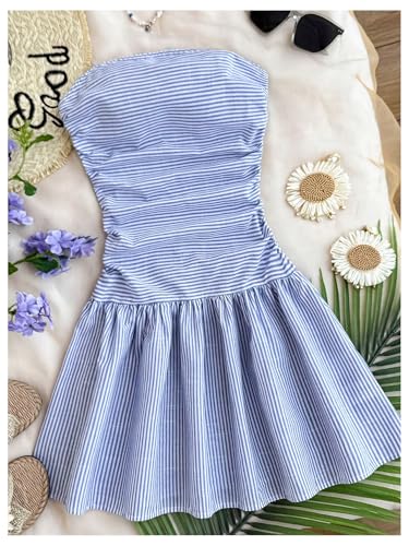 Verdusa Girl's Striped Strapless Tube Dress Summer Ruched Shirred Princess Dress3