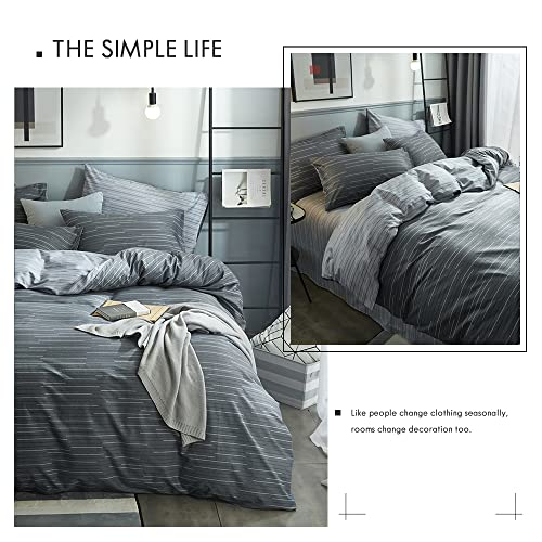Image of VM VOUGEMARKET Grey Stripes Duvet Cover King Modern Men Bedding Set with 2 Pillow Shams -100% Cotton Reversible Luxury Boys Comforter Cover with Zipper Closure 104X90 Inch