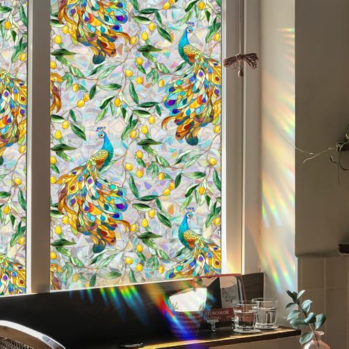 Yeysynana Window Film, Stain Peacock Birds Flowers Static Glass Window Clings Film for Home Office Living Room Bedroom Glass Windows Door Decorative Stickers Decor 16.93 x 39.37 Inches by Yeysynana - Used condition - US$11.86