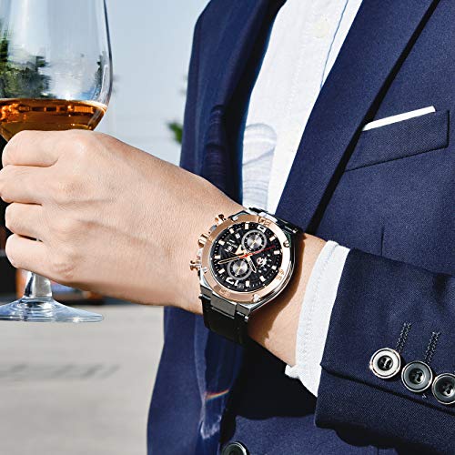 Benyar Watch for Men Benyar Men's Watch Chronograph Analogue Quartz Waterproof Business Black Fashion Quartz Wristwatches Calendar with Leather Strap (Brown/Blue) Gift for Men