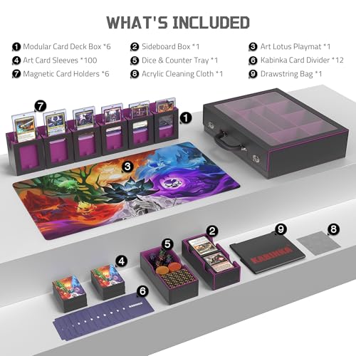 Image of Kabinka MTG Commander Deck Box, Modular 9-in-1 TCG Card Storage Box with Dice Tray & Sideboard Box, 6-Deck Capacity Card Case, Includes 6 Magnetic Card Holders /100CT Card Sleeves /Playmat, Purple