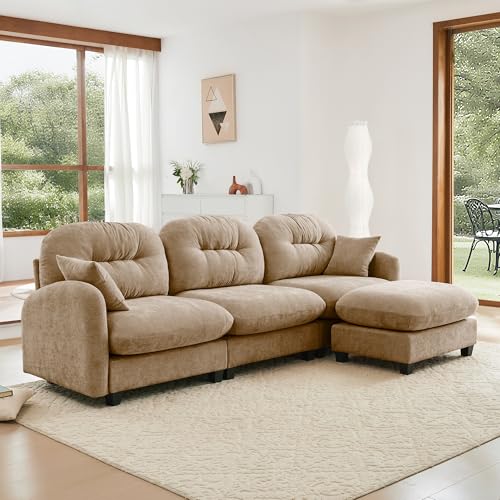 Image of KEIKI 107 inch L-Shaped Oversized Chenille Modular Sectional Sofa with 1 Ottoman, High-Density Foam Cushions, Tufted Pleated Cushion Backrest, Modern 3-Seater Couch with 2 Pillow, for Living Room, Camel