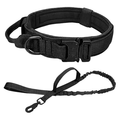 ハーネス 犬 リード 首輪 ナイロン製 服 ミリタリー 訓練 散歩 引っ張り防止 ハーネス k9 大型犬 調整可能 中型犬 ペット用品 (首輪+リード2点セット、ブラック, M)