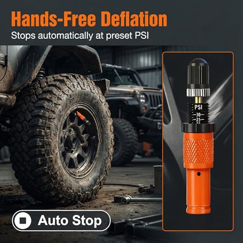 Image of SUVCARMPING Adjustable Auto-Stop Tire Deflator Valve Kit (10-30 PSI) 4 PCS Screw-on Tyre Air Down Tool for Offroad 4x4, Orange