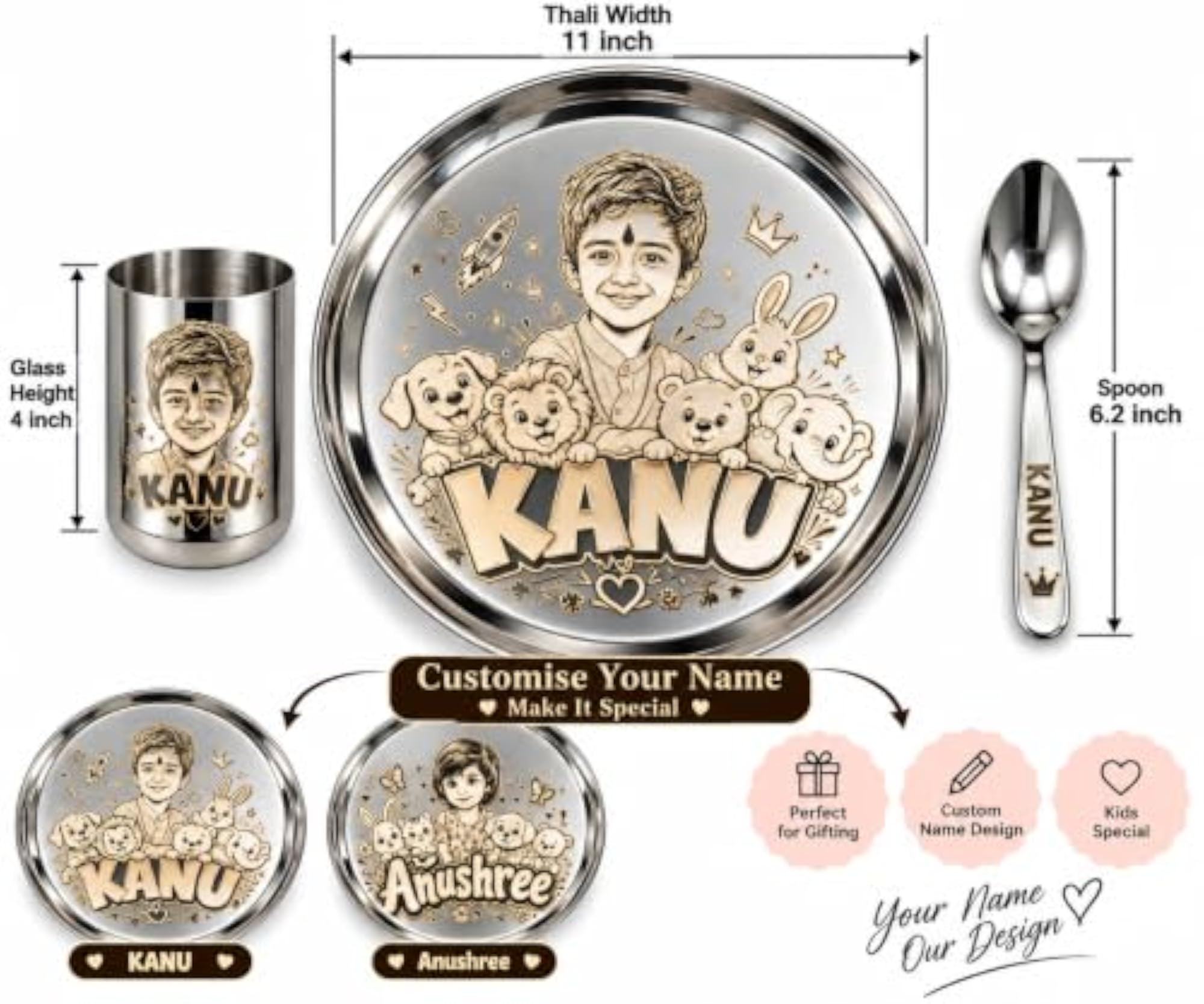 Personalized Stainless Steel Thali Set with Custom Photo