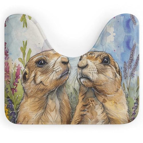 Two Prairie Dogs U-Shaped Toilet Bath Rug - 20x16 Inch Non-Slip Contour Bath Mat, Super Absorbent Microfiber Bathroom Floor Mat for Toilet Base, Soft Quick-Dry Carpet for Bathroom Decor