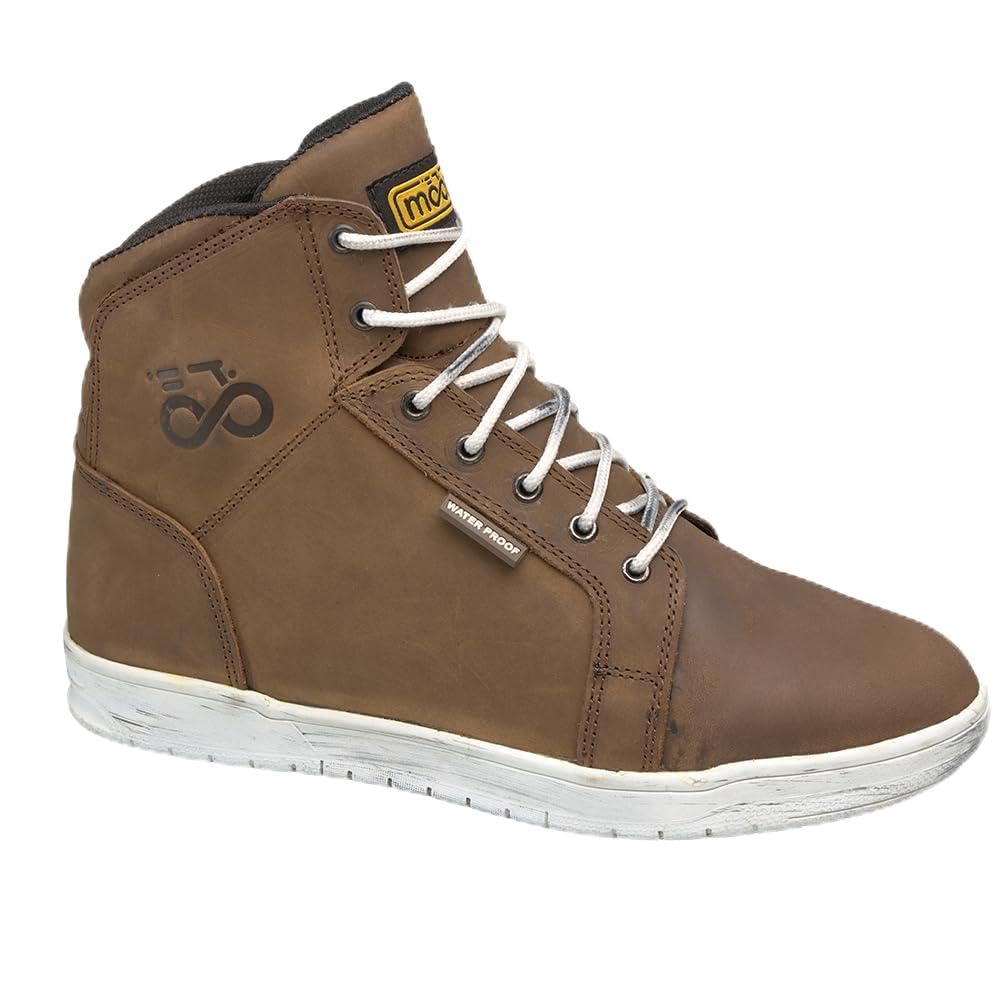 Moore I Botas de Moto Furkapass Marrón – Nobuck Impermeable, Protección CE, Estilo Urbano, Suela Antideslizante
