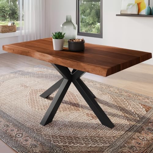 trelevo Esszimmertisch 120x80 cm, Akazienholz massiv, Tischplatte nussbaumfarben, echte Baumkante, Spider Gestell schwarz, Baumkantentisch