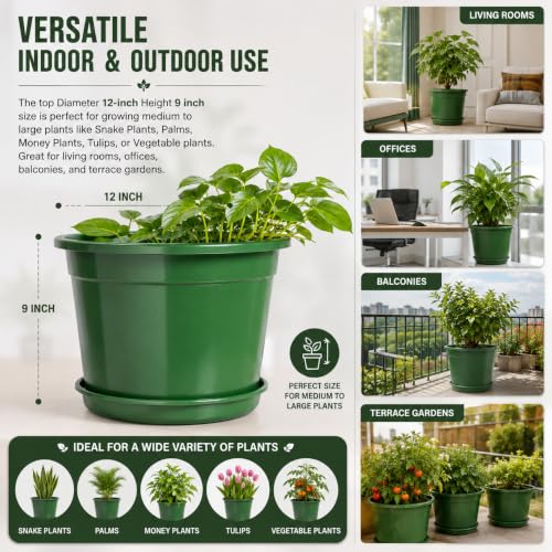 Image of 12 Inch Glossy Forest Green Plastic Planter with Bottom Plate | Heavy Duty Flower Pot with Tray for Indoor Home Decor, Balcony, Living Room & Outdoor Garden (12 Pot, Forest Green)