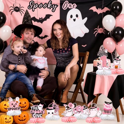 Image of 9pcs Spooky One Table Centerpieces for Girls 1st Birthday Party Decorations | Double-sided 3D Halloween Honeycomb Centerpieces for First Birthday Party Supplies Pink Happy 1st Boo Day Table Sign Decors