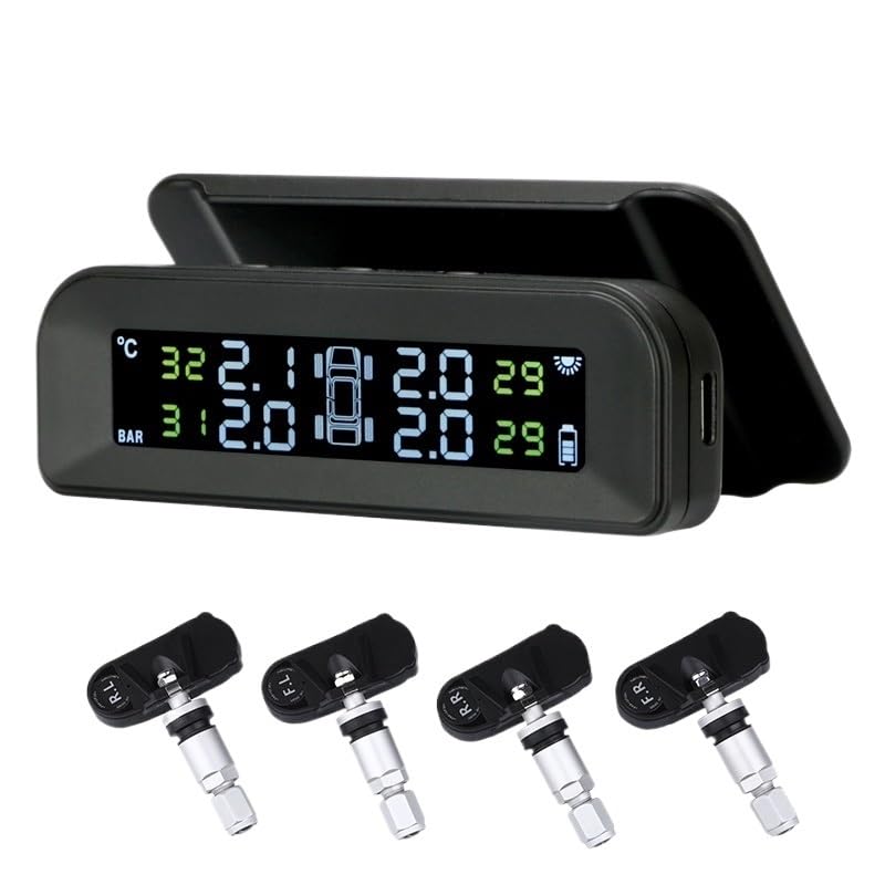 Tpms Sistema di monitoraggio della Pressione dei Pneumatici for Auto Wireless, Carica Solare, misuratore, Display in Tempo Reale attaccato al Vetro(Built-in sensors)