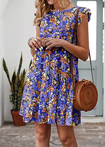 KIRUNDO Beach Vacation Clothes for Women Boho Floral Sleeveless Ruffle Sleeve Round Neck Loose Short Flowy Tiered Pleated Mini Babydoll Dress, Floral3-black Purple, Small