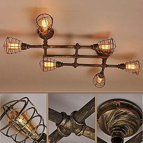 AUNEVN Deckenleuchte Retro Industrie Wasserrohr Design Loft Steampunk Deckenlampe Geformt Metall Antik Deckenlicht Geeignet für E27 Steckdose 6 Flammig für Esszimmer Bar Küche Gang Innen Beleuchtung Cover