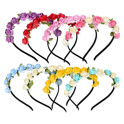Maxdot 8 Pieces Flower Crown Headband Rose Wedding Garland Bridal Floral Wreath Hairband for Women Girl Hair Decoration, 8 Colors
