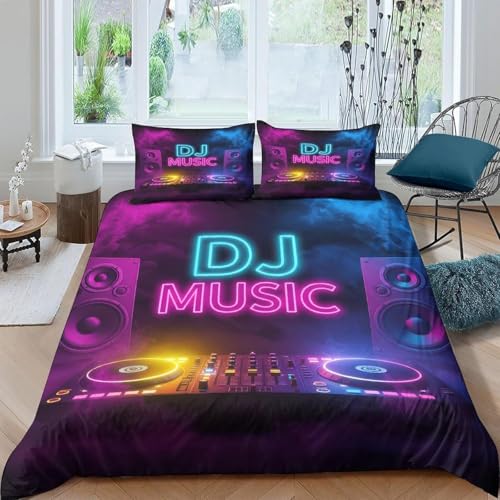 Funda Nordica Cama 135/150 Tocadiscos Jack Ropa de Cama 3D Música Electrónica Microfibra Suave 3 Piezas Include 1 Fundas Nórdica 220x240 cm y 2 Fundas de Almohada 50x75cm C-2302