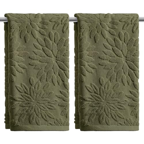 Artoid Mode 2 Pcs Olive Green 3D Dahlia Floral Jacquard Hand Towels for Bathroom Cotton Soft Absorbent Bathroom Decor Towels 13.7 x 29.5 Inch