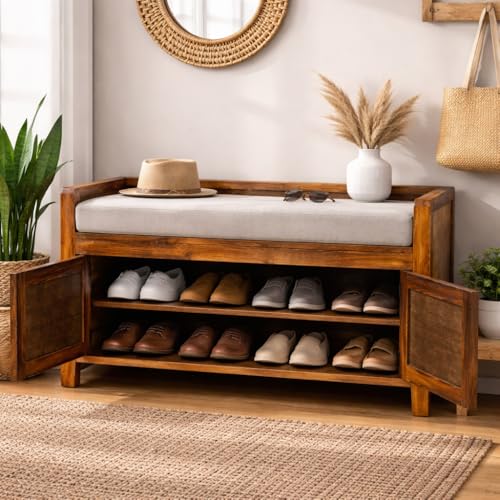 Image of Sheesham Wood Shoe Cabinet with Cushion Seat, 2 Door, Natural Finish | Comfortable Cushioned Seating, Stores 8-10 Pairs of Shoes, No Assembly Required