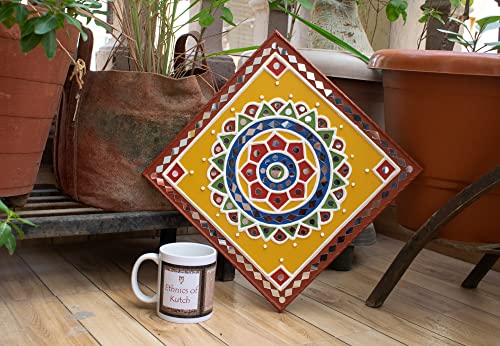 Image of Ethnics of Kutch Traditional Kutch Handicraft Mud-Mirrorwork Lippan Kam Wall Art (Water and Break Resistant) - Square (12 inch x 12 inch) - (Brown - LKT-0219)