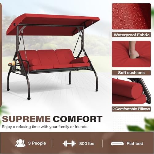 Image of SUNCROWN Outdoor 3 in 1 Porch Swing Chair, 3 Seat Patio Swing Glider with Adjustable Canopy, Heavy Duty Swings with Thickened Cushions, Pillows & Cup Holders for Backyard, Porch, Garden,Red