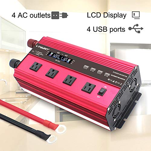 LVYUAN Power Inverter 2500W/5000W Inverter 12V to 110V Dc to AC DC 12V Inverter with Remote Control LCD Display 4 AC Sockets 4 USB Charge Ports 4 Cooling Fans