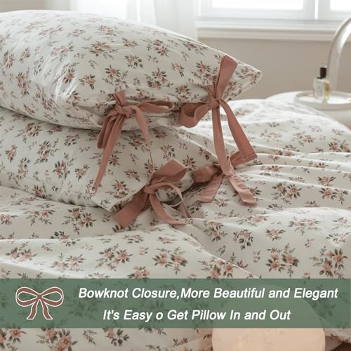 VM VOUGEMARKET Pink Flower Duvet Cover Set Twin 3 Pieces Girls Cottagecore Bedding Set 100% Cotton Peach Floral Comforter Cover with Zipper Closure,Vintage Country Bedding-68x86 Inch