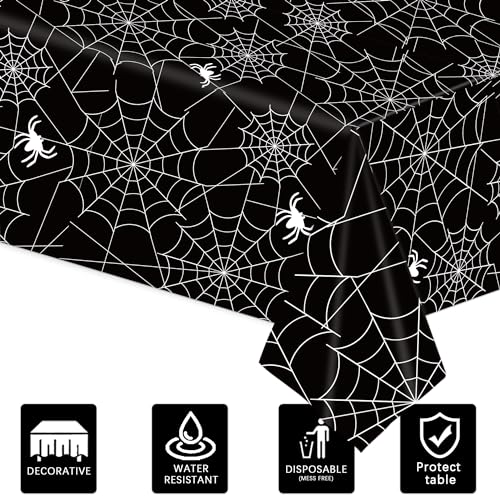 Image of 3-Piece 54 x 108 Inch Halloween Spider Web Plastic Tablecloth - Black and White Cobweb with Spiders Patterns, Disposable Rectangle Table Cover for Birthday Dining Table Cover Indoor Outdoor Decoration