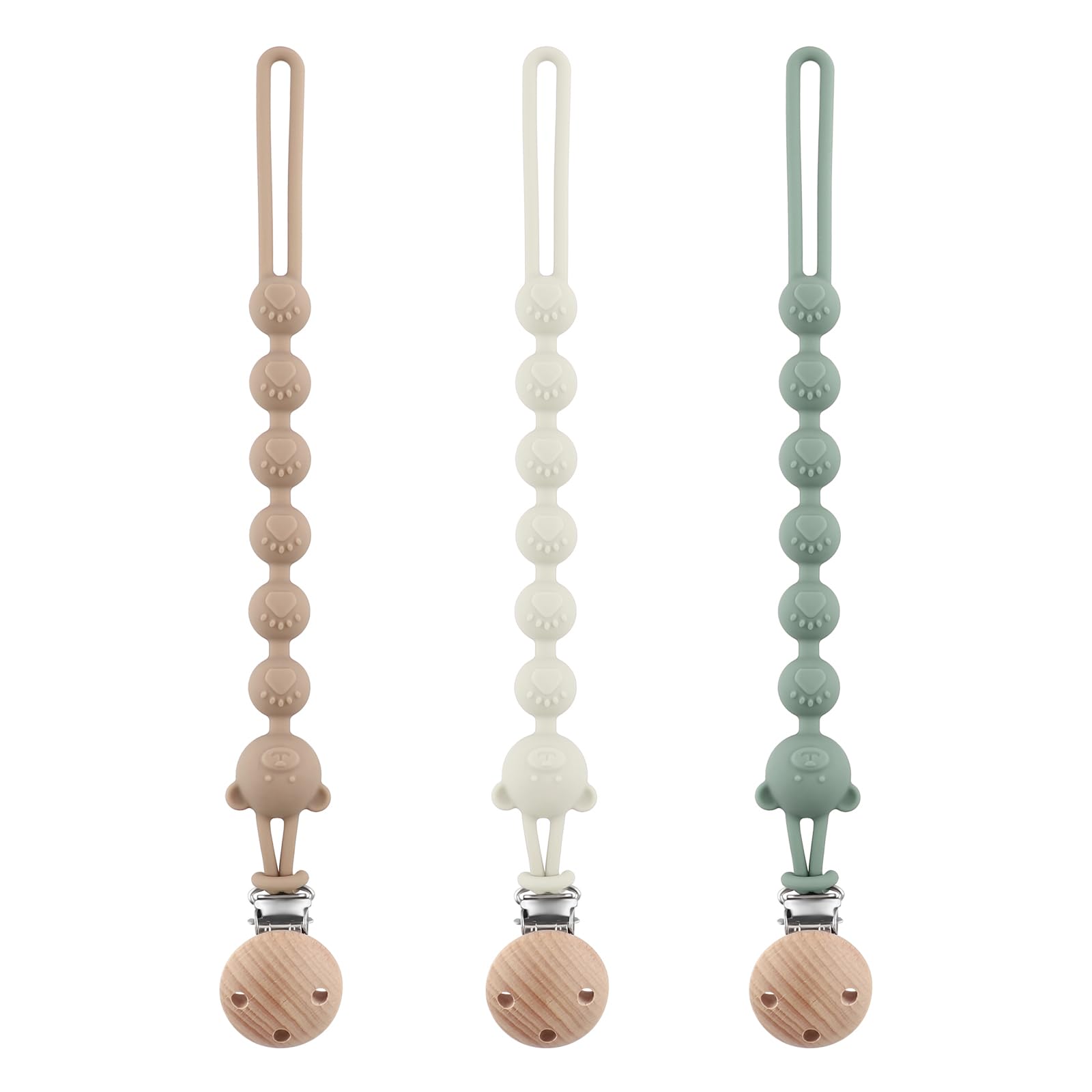Attache Tétine Silicone Lot de 3, Chaîne Sucette Bébé sans BPA, Pacifier Clip (Gris Clair + Vert + Kaki)