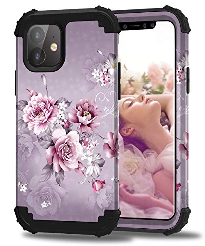 Hocase iPhone 11 Case, Heavy Duty Shockproof Protection Hard Plastic+Silicone Rubber Bumper Hybrid Protective Phone Case with Floral Design for iPhone 11 (6.1-inch Display) 2019 - Light Purple Flowers
