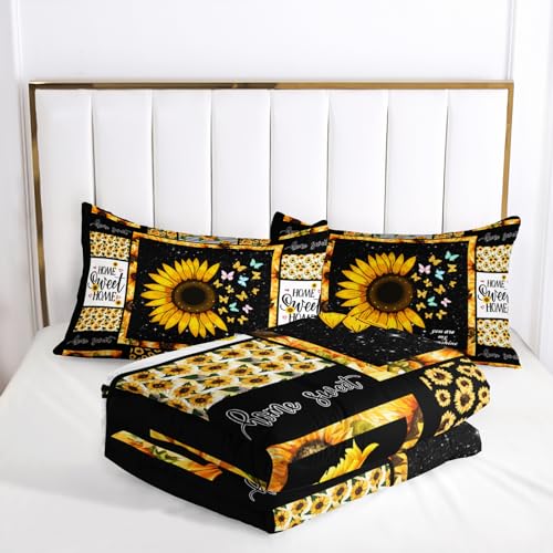 Image of AILONEN Sunflower Comforter Set Queen Size, Modern Sunflower Pattern Bedding Set for Boys Girls Gifts,Yellow Botanical Floral Comforter Set 3 Pieces, 1 Quilt and 2 Pillowcases