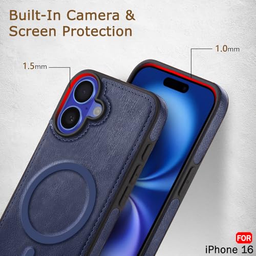 Image of TheGiftKart Genuine Leather Finish Back Cover Case for iPhone 16 | Shockproof Design | Raised Edges for Camera & Screen Protection | Stunning Minimalist Design Case Cover (Compatible MagSafe, Blue)