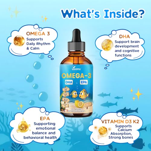 Image of VivoNu Omega 3 for Kids, Children's DHA Omega 3 6 9 Drops, 600mg | Total Omega-3s with EPA & DHA, Support Brain Development & Mood, Learning - Non-GMO(2Fl Oz)