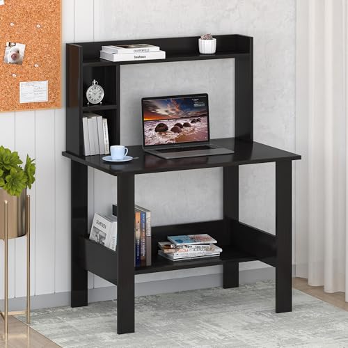 Image of Callas ST-40 Wooden Study Table with Hutch & Bottom Storage - Multi-Purpose Office Desk for Laptop, Computer, Writing & Study - Durable Engineered Wood Workstation for Home & Office (Black, ST-40)