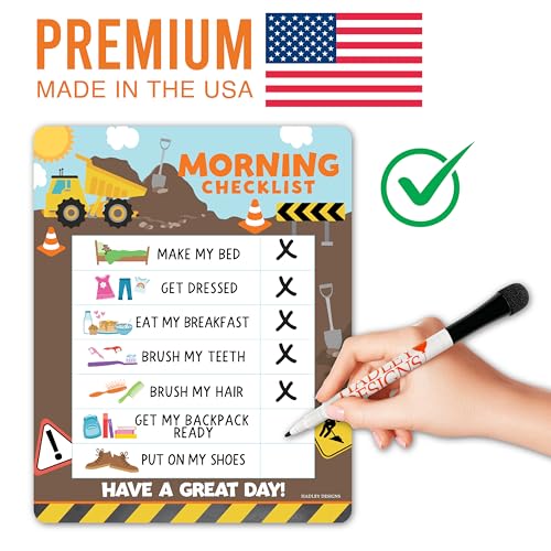 Image of Magnetic Morning & Bedtime Routine Chart for Kids - Customizable Toddler Daily Schedule Board with Dry Erase Surface, Stickers & Marker, Build Habits with Visual Checklists, Construction Theme