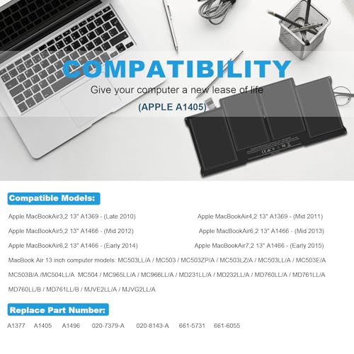 Image of ASUNCELL A1466 A1405 Laptop Replacement Battery for MacBook Air 13 inch A1466 (Mid 2012, Mid 2013, Early 2014, Early 2015,2017) A1369(Late 2010, Mid 2011 Version) 7.6V 55Wh
