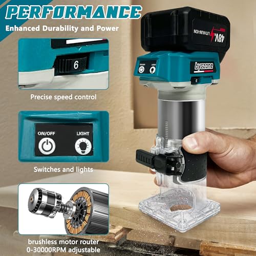 Cordless Wood Router Trimmer for Makita 18V Battery, 6 Variable Speeds Wood Trimmer Set 800W - 30000 RPM Brushless Motor Hand Palm Router with 15pcs 1/4" Shank Router Bits for Woodworking(NO Battery) 2 Cordless Wood Router Trimmer for Makita 18V Battery, 6 Variable Speeds Wood Trimmer Set 800W - 30000 RPM Brushless Motor Hand Palm Router with 15pcs 1/4" Shank Router Bits for Woodworking(NO Battery) - Image 2