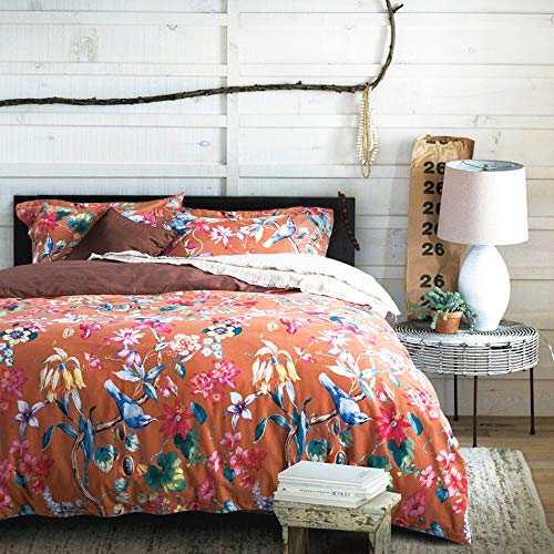 Tropical Garden Luxury 3 Piece Duvet Cover Set Island Tree Branch and Birds Multicolored Floral Pattern 100-percent brushed Cotton Twill (King)