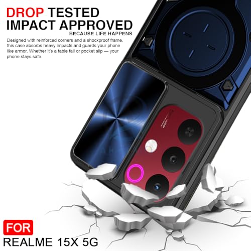 Image of AESTMO Armor realme 15X 5g / C85 5g Bumper Back Case Cover | Ring Holder & CD Pattern Sliding Camera Shutter Cover | Back Case Cover for realme 15X 5g / C85 5g (Blue)