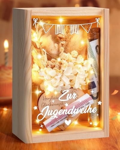 Leboria Jugendweihe Geschenke für Mädchen und Jungen Geldgeschenke Verpackung mit Holzbox Trockenblumen LED Lichterkette Reagenzglas und Holz Karte
