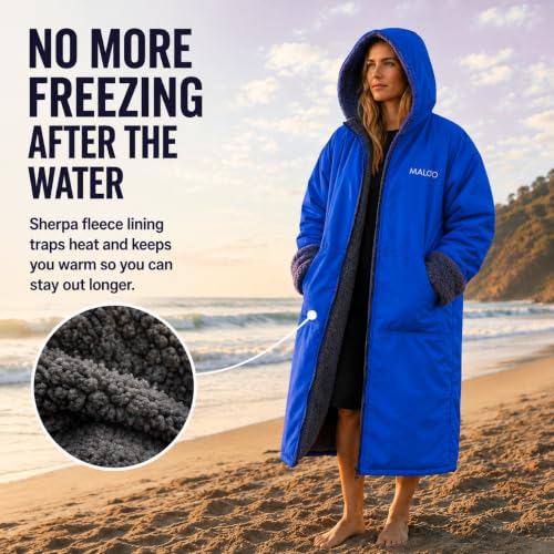 Image of Malo'o Adult Sherpa Lined Surf Parka Changing Robe, Waterproof & Windproof Swim Parka, Long Sleeve Hooded Dry Robe