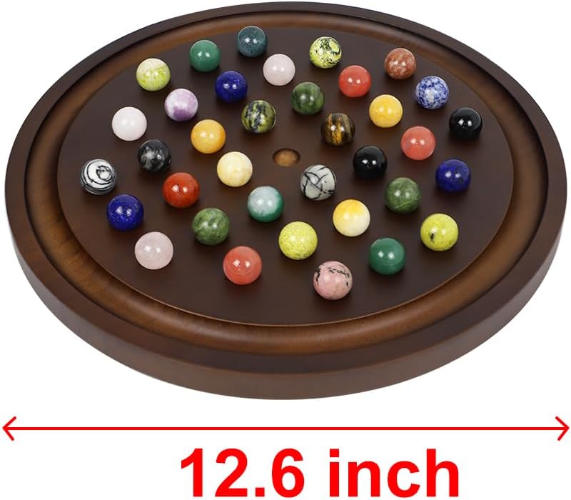 Miniatura 3 de Juego de solitario grande hecho a mano con 36 canicas de mármol natural, juego de mesa redondo clásico grueso para adultos (nogal, mediano)