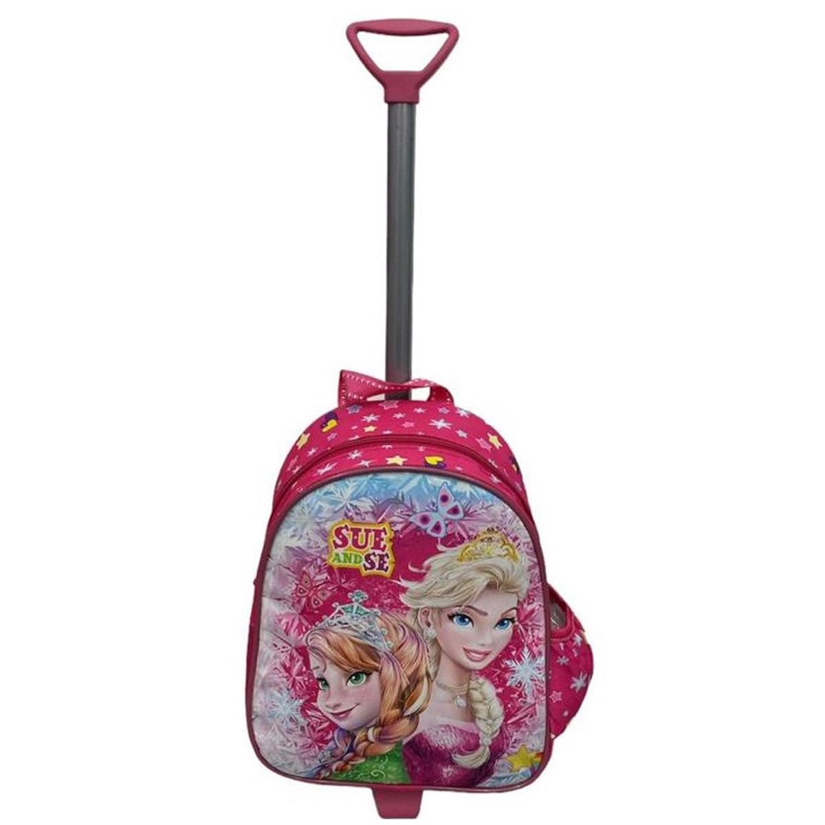 TahTicMer Anaokulu Çocuk çekçekli Valiz Sırt Çantası Çekçekli Kız çocuk 2in1 Sue and Se Model ön Yüzey 5D Boyutlu Pembe