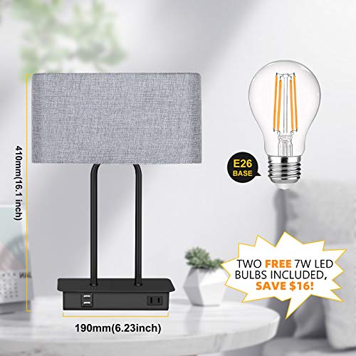 Set Of 2 Touch Control 3-Way Dimmable Table Lamp With 2 Usb Ports &1 Ac Outlet, Modern Bedside Nightstand Lamps With Fabric Shade, Desk Lamps For Bedroom Living Room Grey, Bulbs Included #TOP3