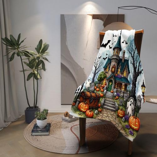 Koc z polaru dwuosobowego w kratę, nawiedzony dom, bardzo duży koc premium 240 x 260 cm | Wielofunkcyjny jako narzuta na łóżko lub wzór w kratę, wyszukane i stylizowane wnętrze C136